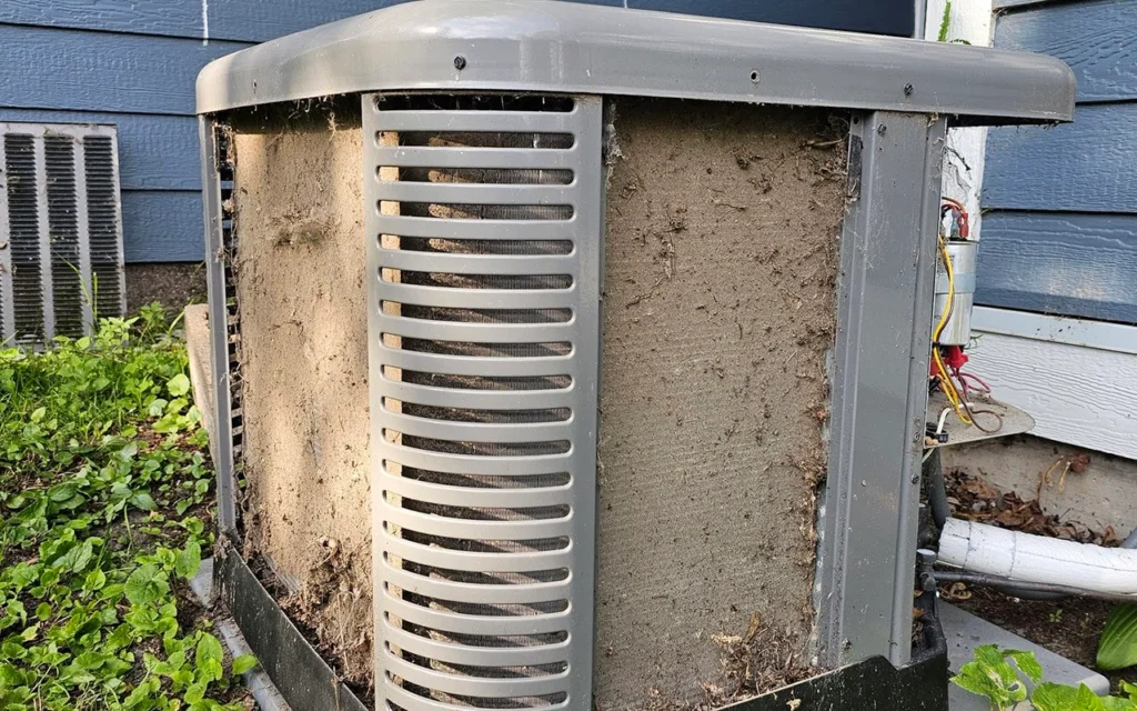 AC maintenance is required to clean this central air conditioning unit in a Plymouth MN home