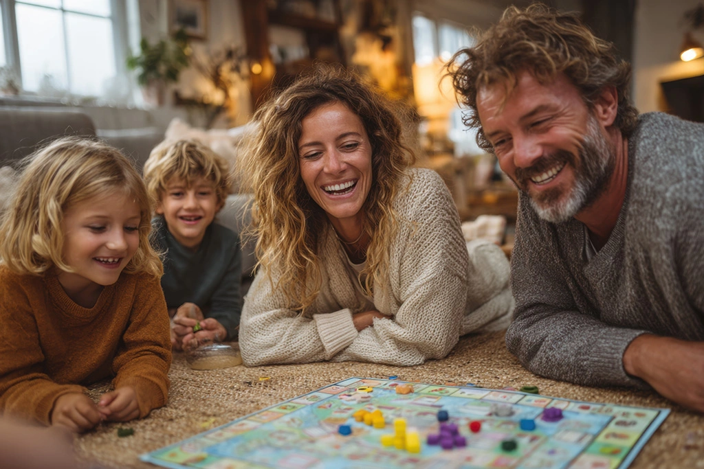 Family playing a board game in their efficient Minnesota home
