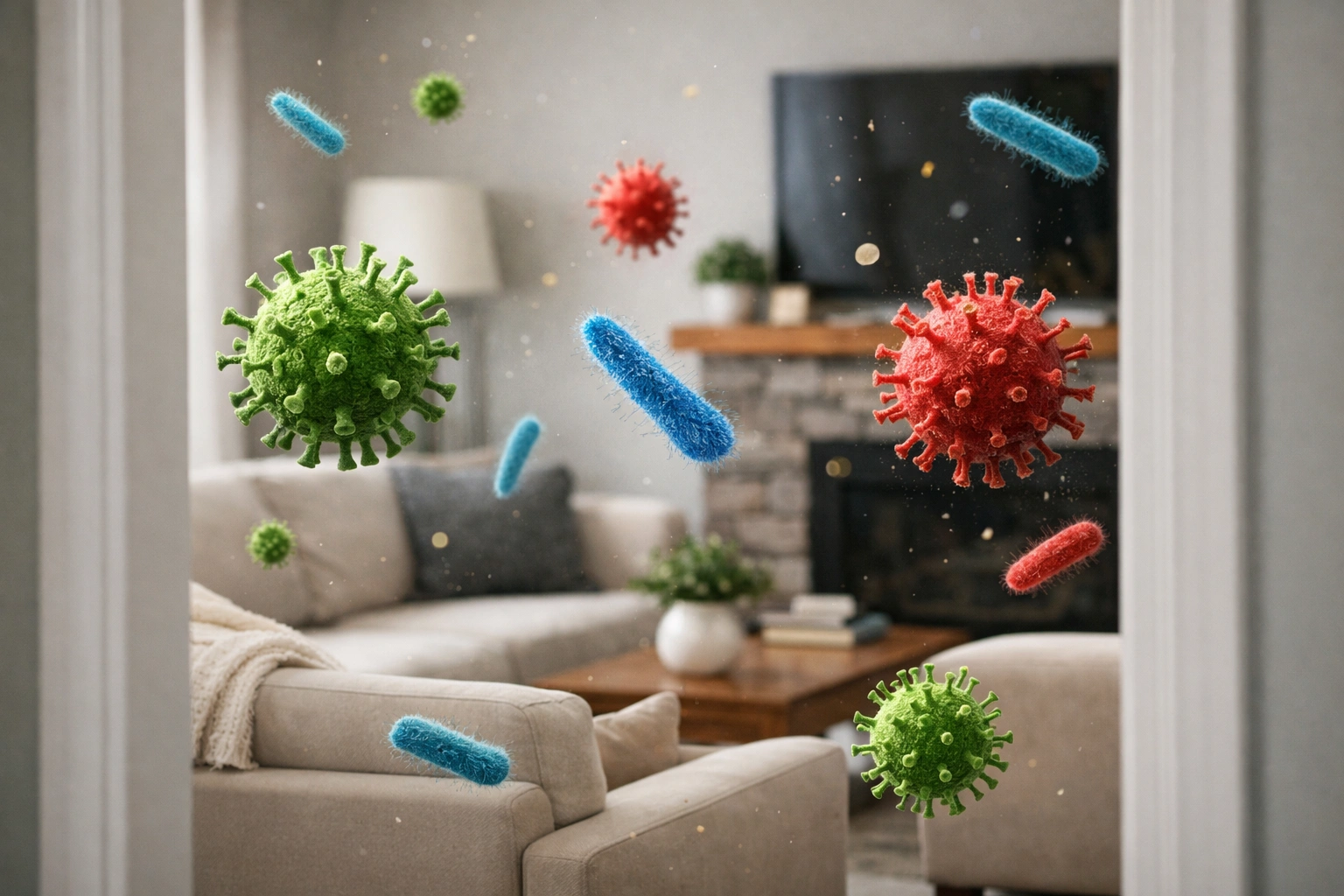 Bacteria & pathogens floating in living room can be removed with home air purification systems.