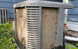 AC maintenance is required to clean this central air conditioning unit in a Plymouth MN home