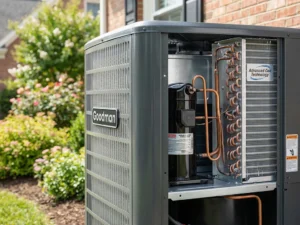 Goodman air conditioner open to demonstrate common AC problems.